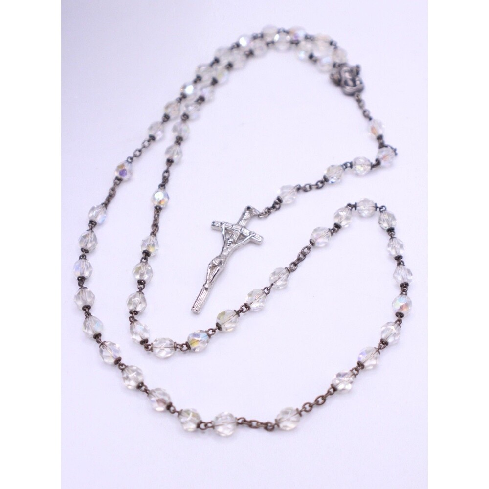 Vintage Italy AB Crystal Rosary Beads with Silver Crucifix 21” Drop